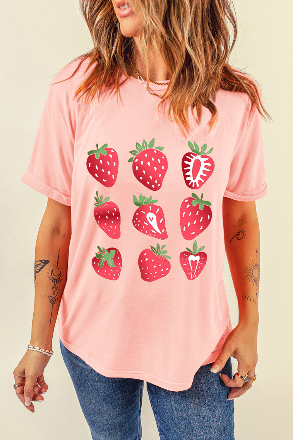 Pink Strawberry Fruit Pattern Graphic Tee