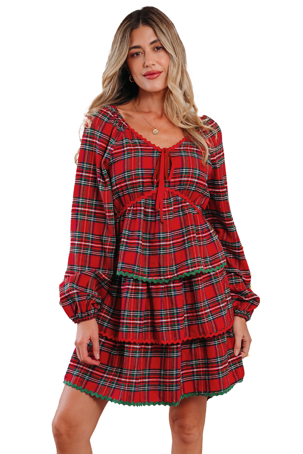 Red Plaid Print Ricrac Tiered Bubble Sleeve Mini Dress