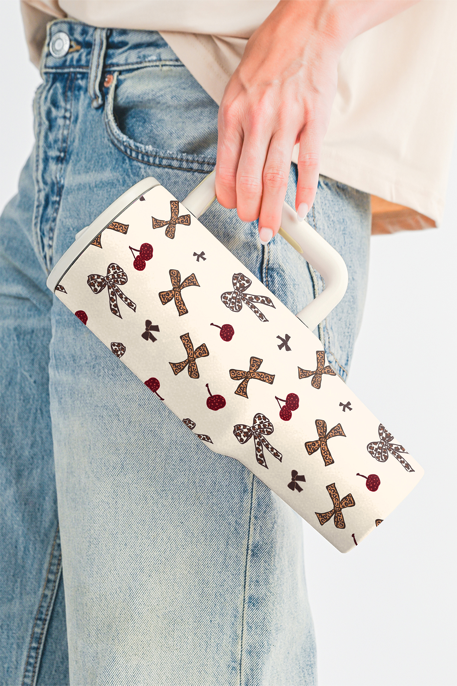 White Leopard Cheery Bow Printed Single Handle Flip Straw Travel Cup