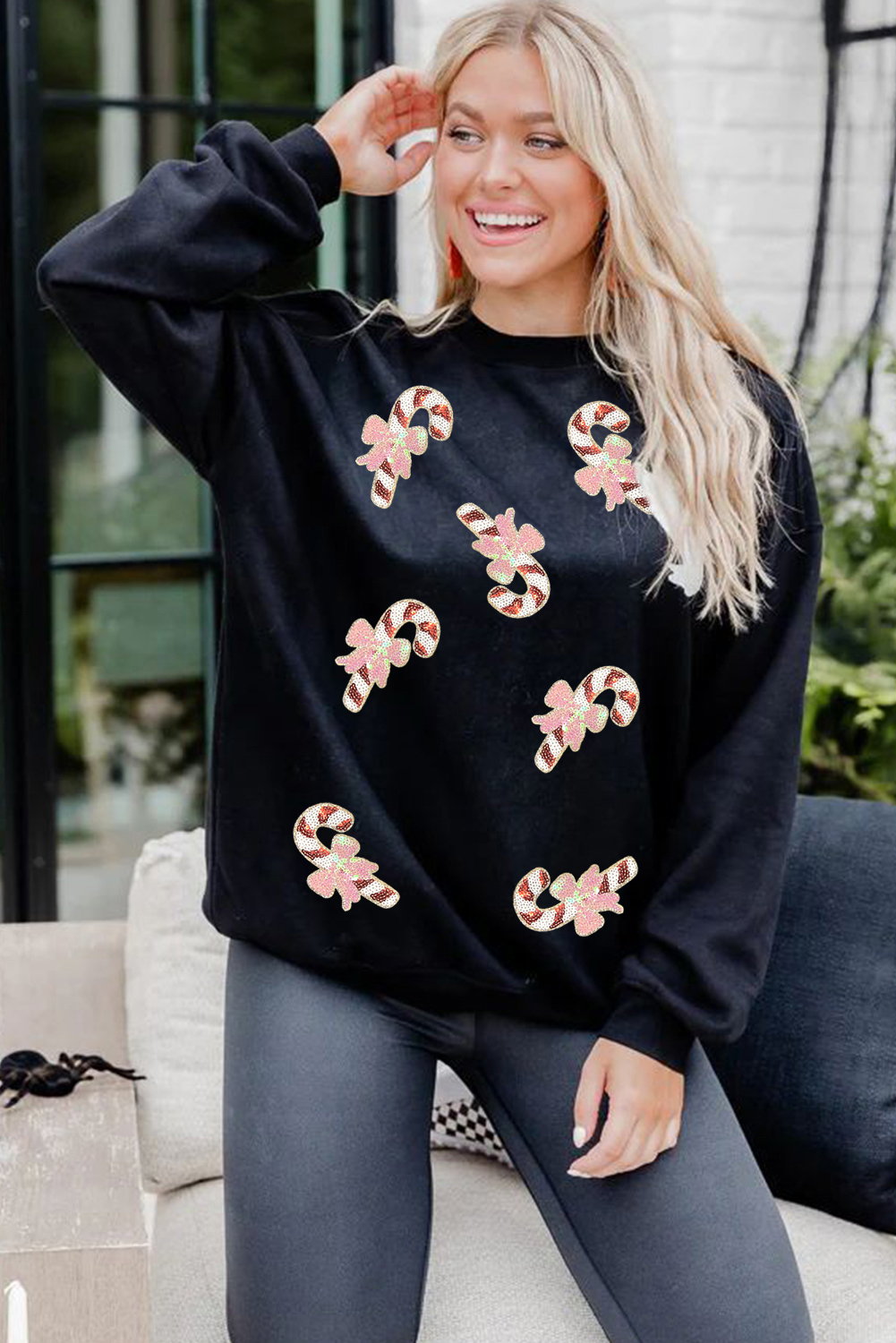 Black Christmas Candy Cane Sequin Patch Baggy Sweatshirt
