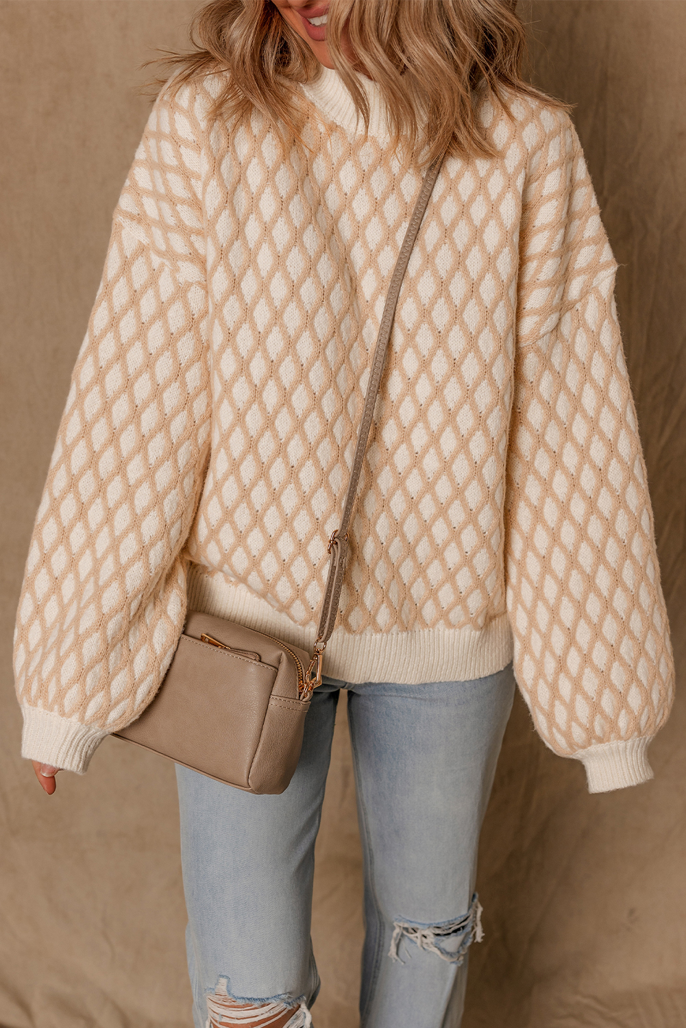 Smoke Gray Rhombus Textured Knit Mock Neck Sweater