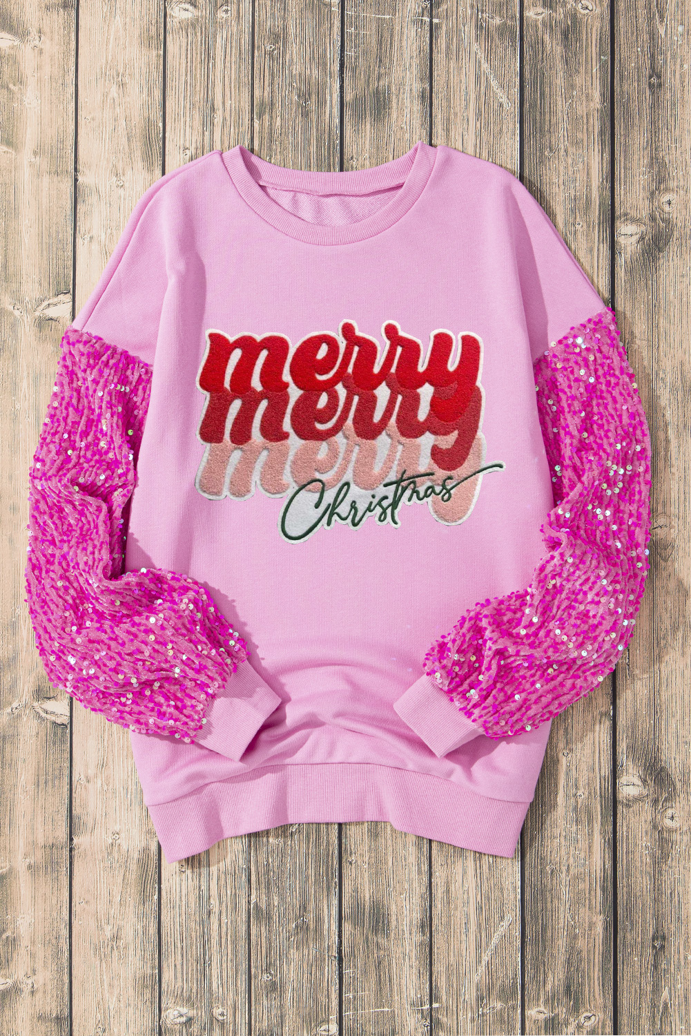 Pink Shiny Father Christmas Graphic Sequin Long Sleeve Top