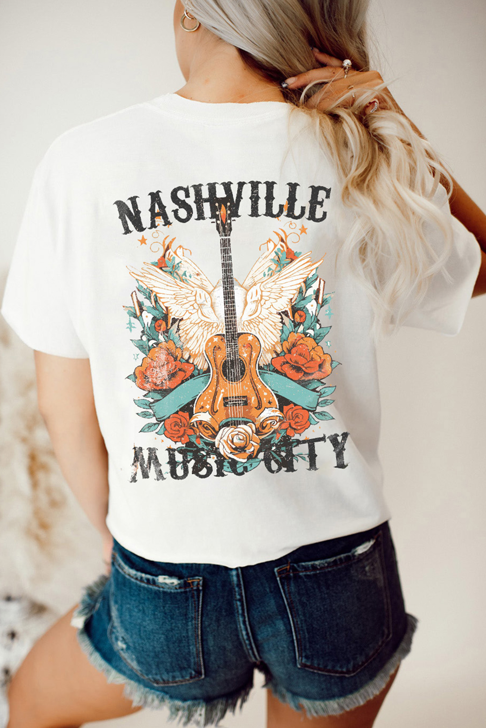 White NASHVILLE MUSIC CITY Guitar Wings Graphic Tee