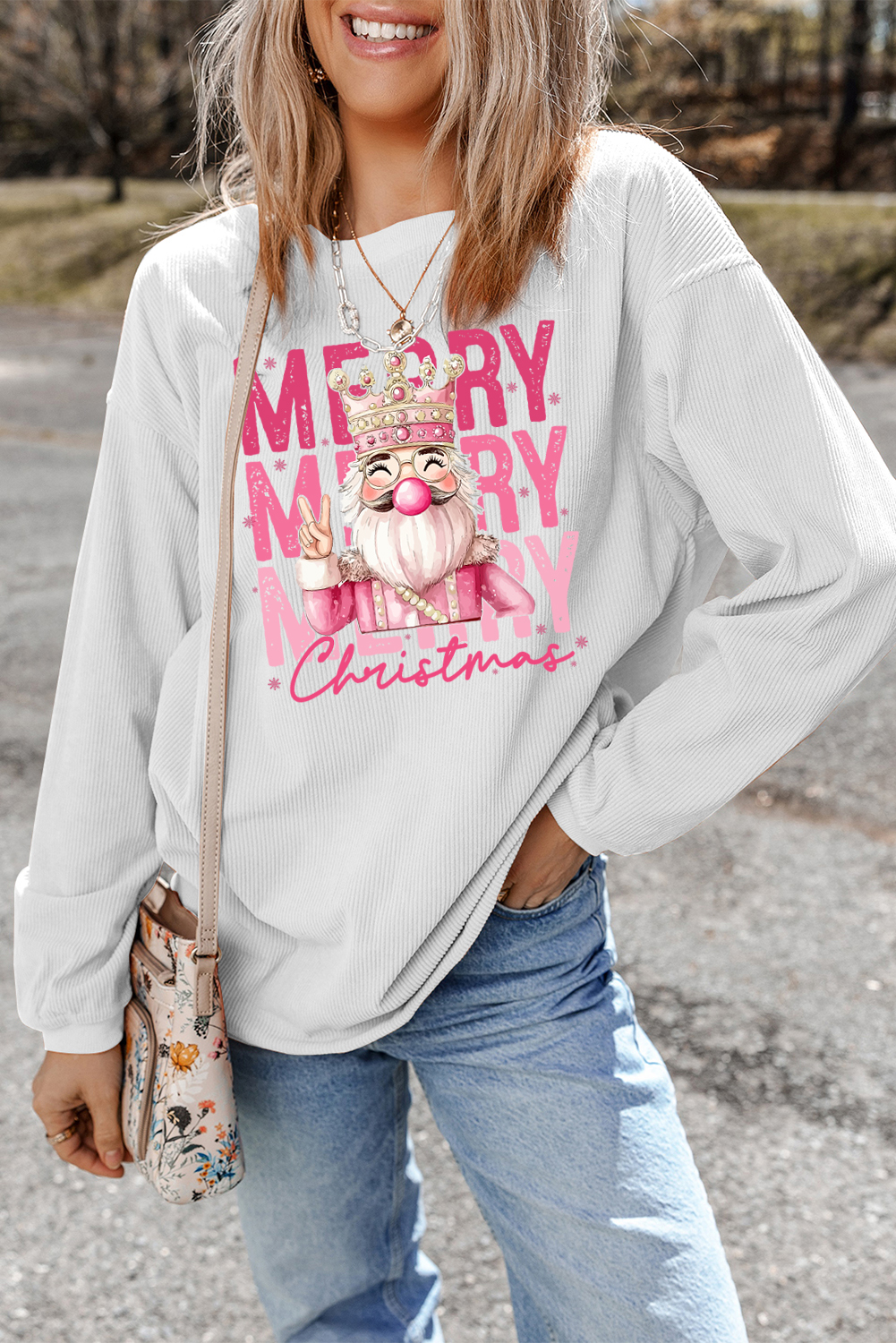 White Twisted Ribbed Merry Christmas Nutcracker King Printed Sweatshirt