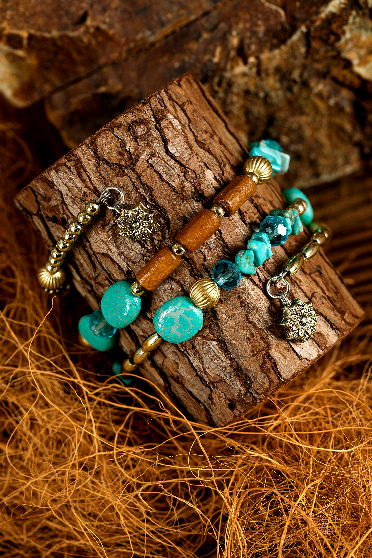Turquoise Bohemian Style Crystal Stone Plated Bead Multi-Layer Winding Bracelet