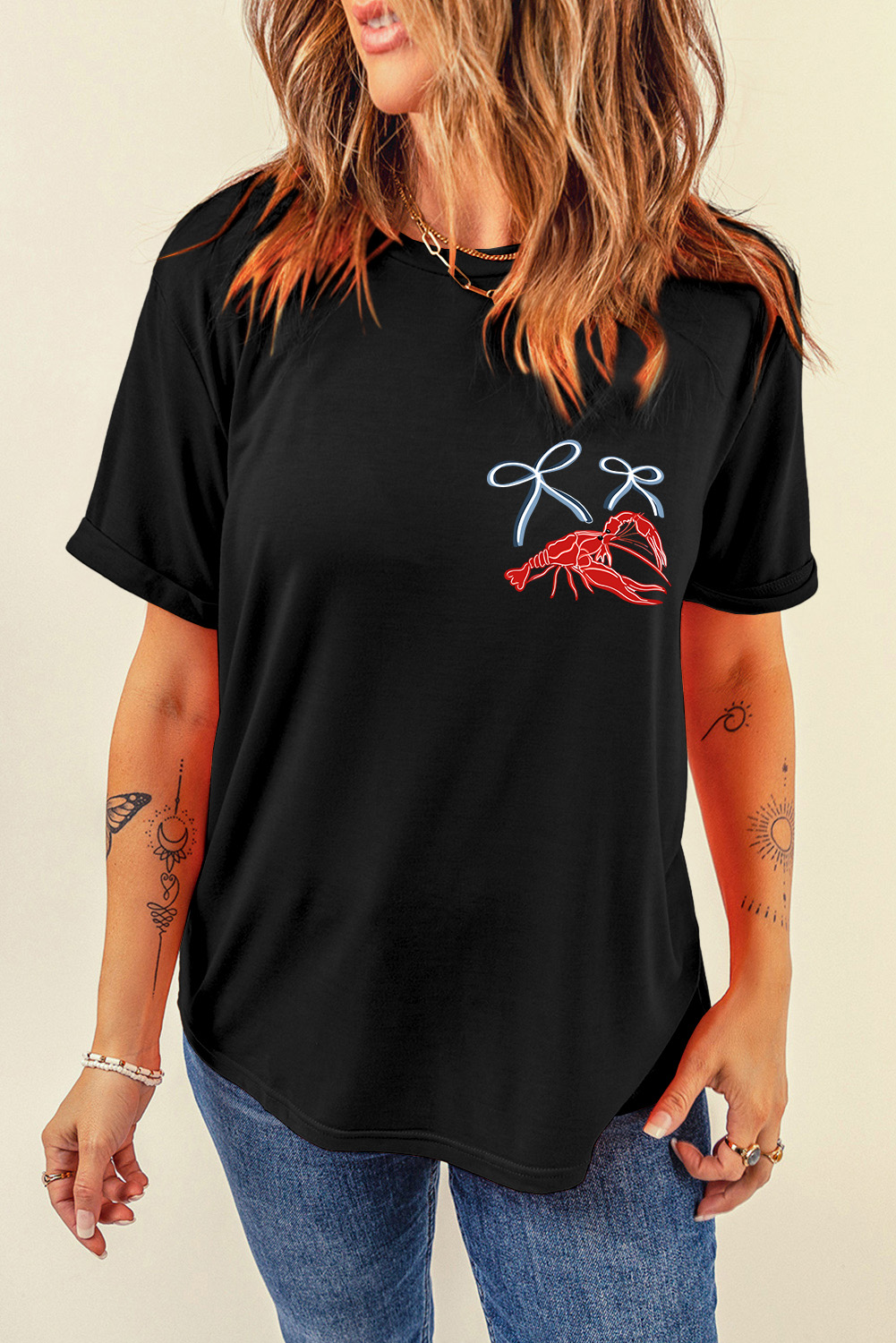 Black Girlie Bow Crawfish Printed T Shirt