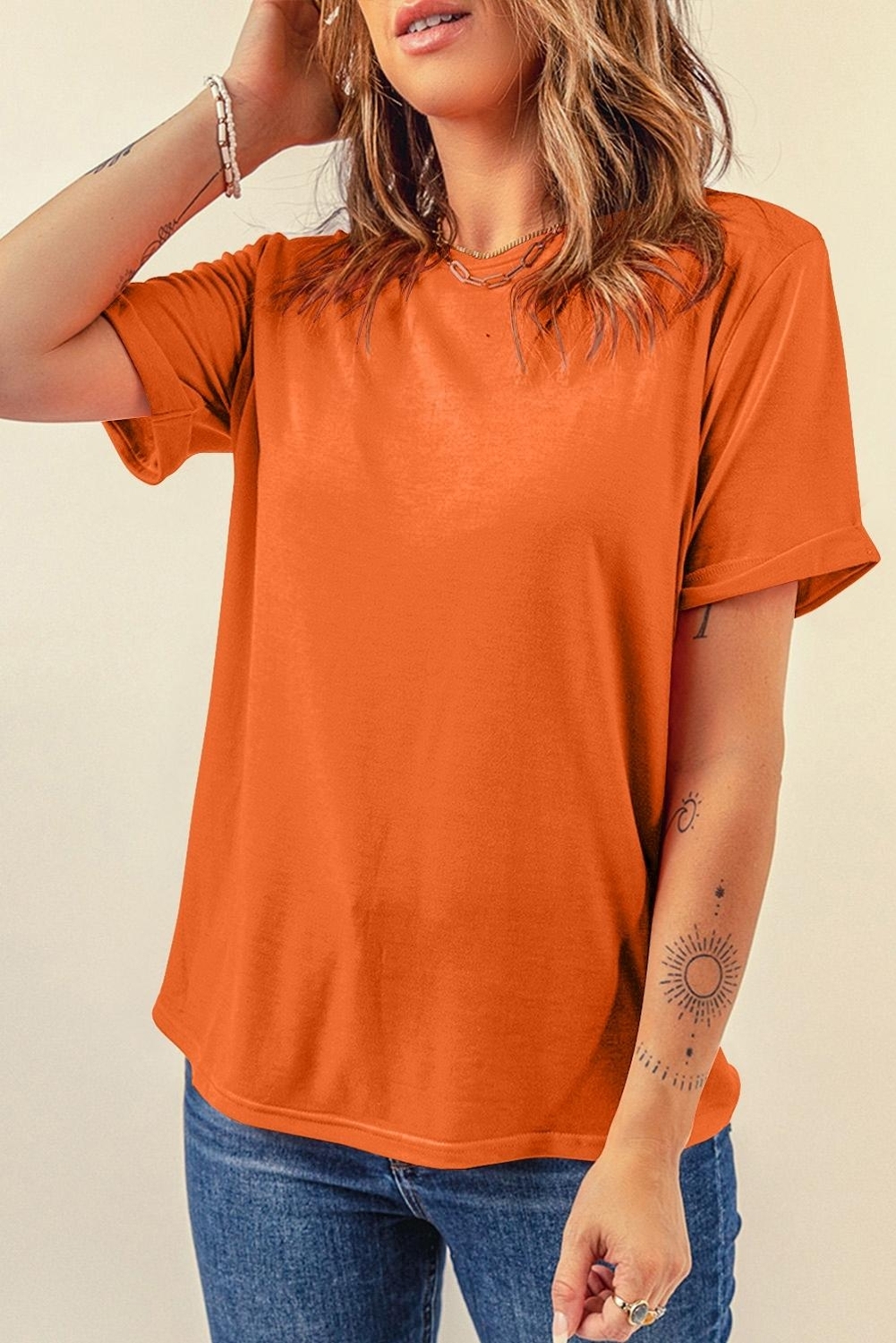 Khaki Casual Plain Crew Neck Tee