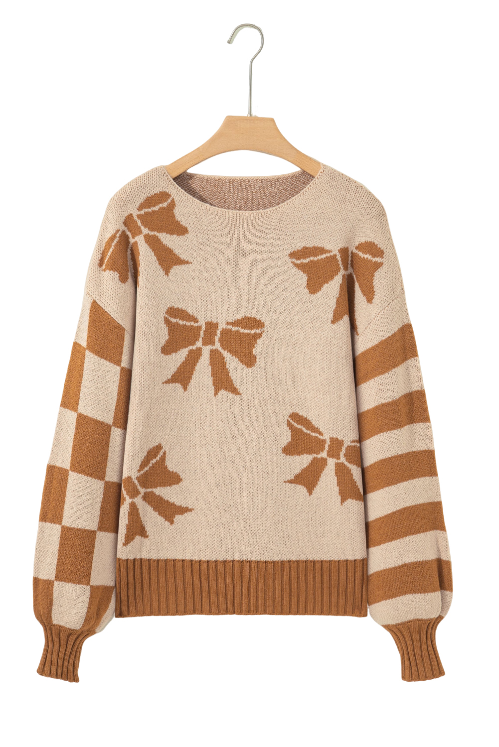 Straw Yellow Ribbon Bow Print Checkered Striped Sleeve Drop Shoulder Sweater