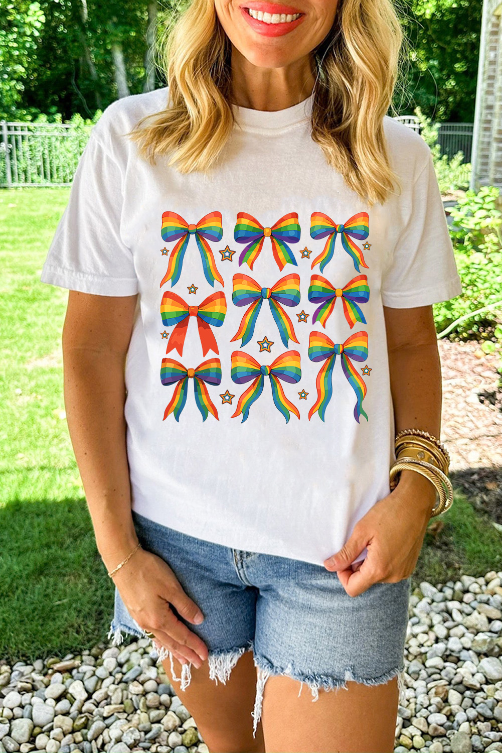 White Pride Bow Starry Print Cotton Blend T Shirt