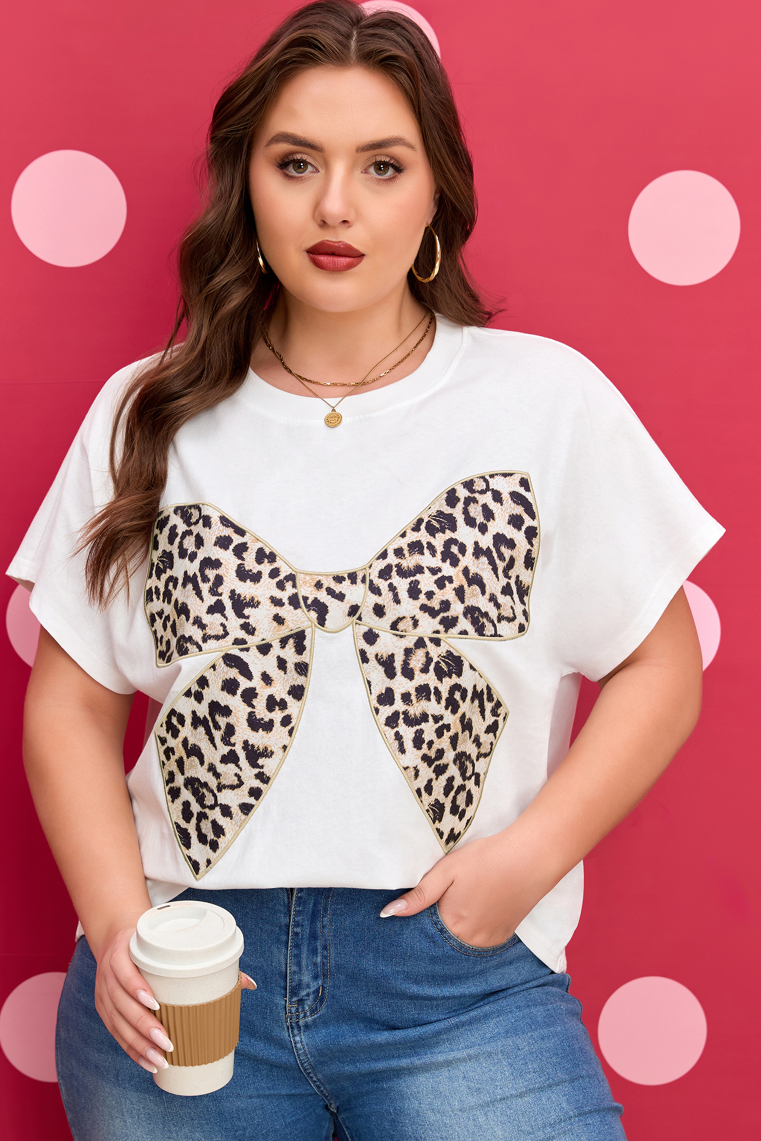 Pink Leopard Bow Embroidered Cotton Round Neck T Shirt