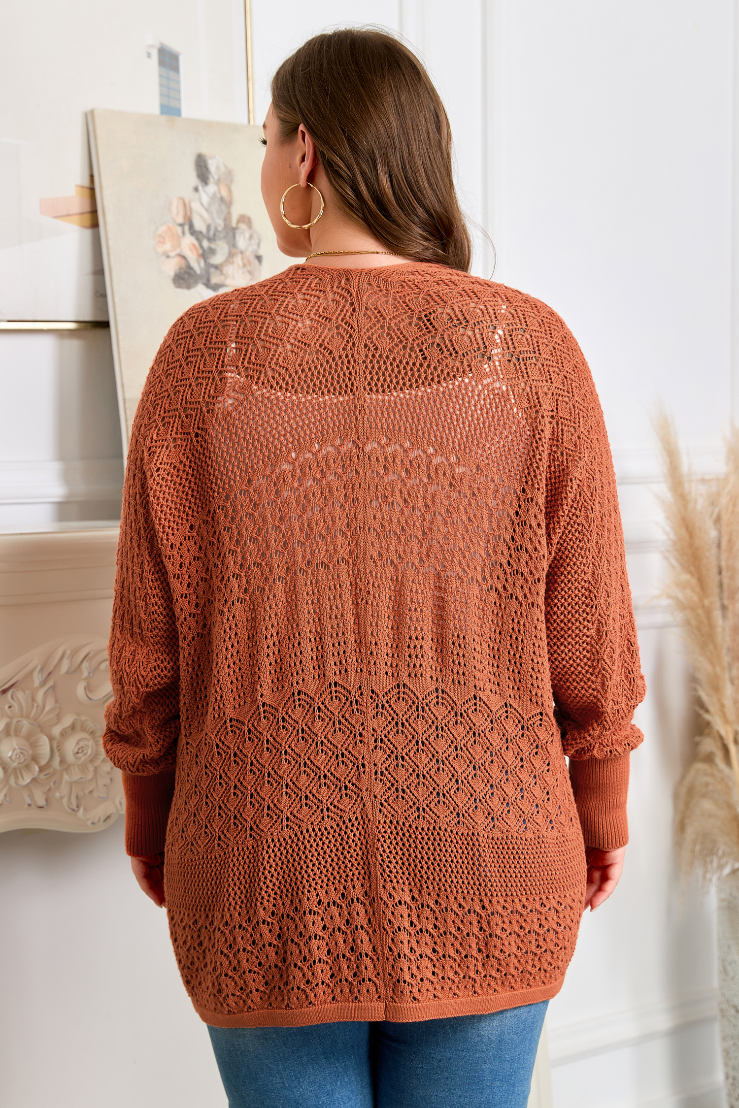 Redwood Burl Mixed Pattern Knitted Open Front Plus Cardigan