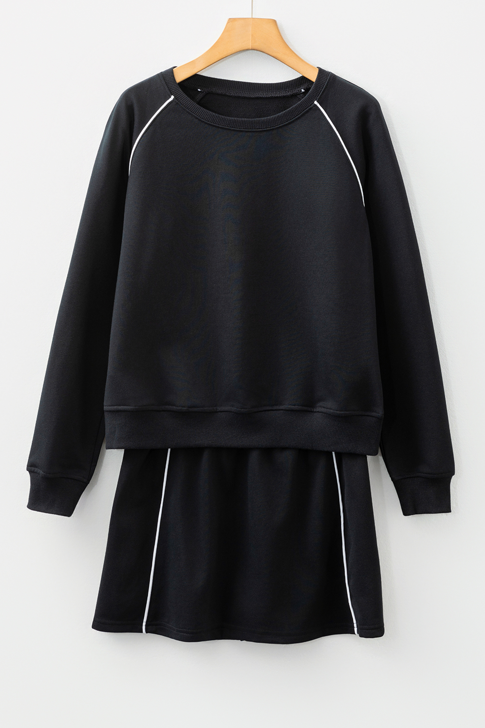Black Contrast Piping Crewneck Pullover Mini Skirt Set