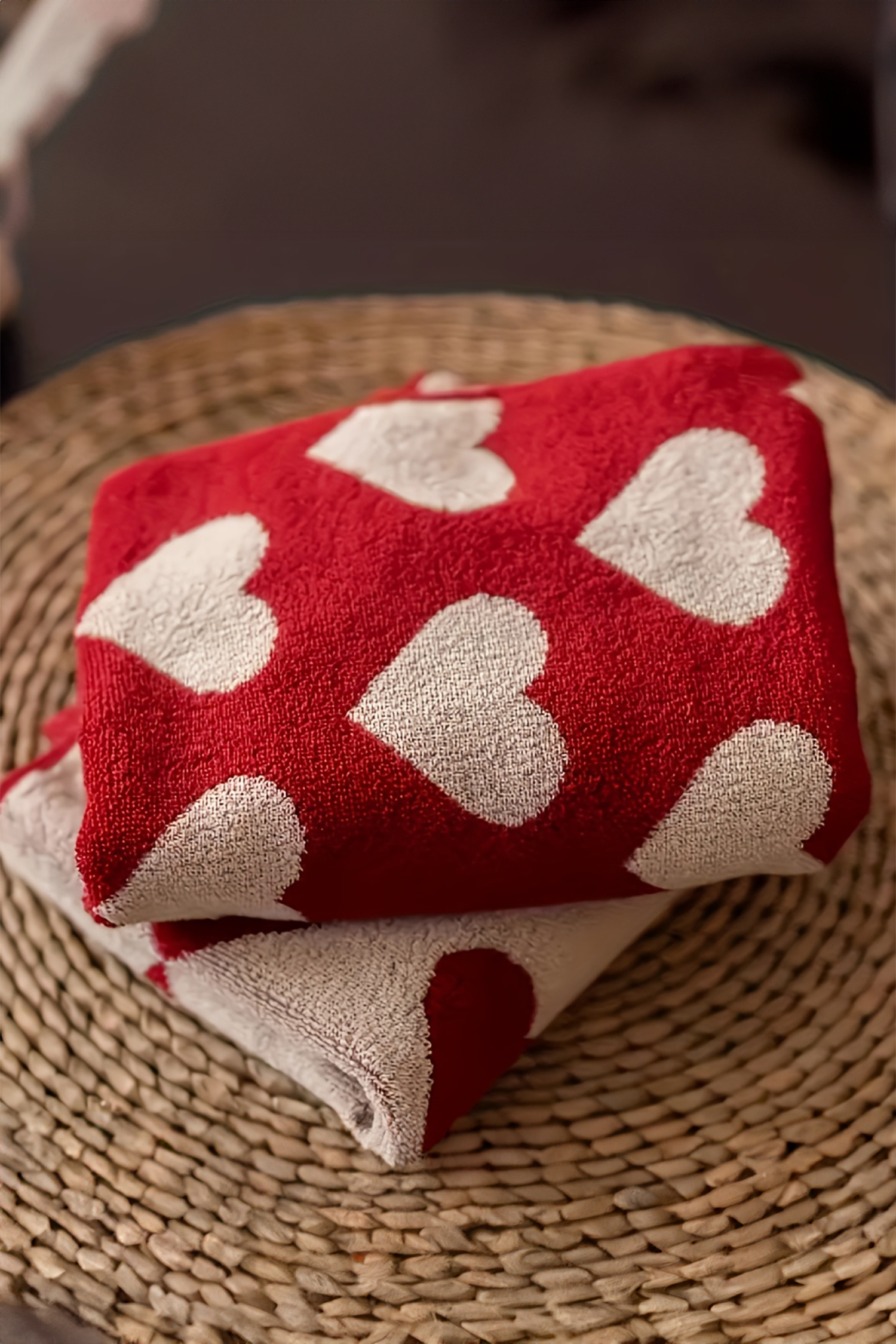 Fiery Red Double Side Heart Printed Allover Cotton Face Towel