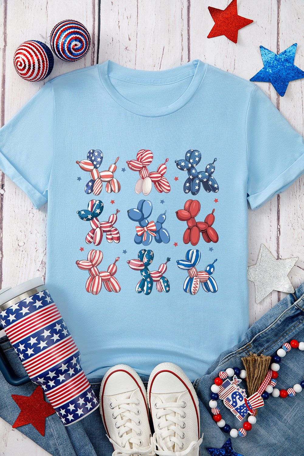 Light Blue American Flag Balloon Dogs Print Crew Neck T Shirt