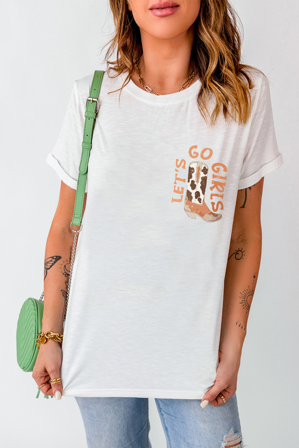 White Western Cowboy Boots Print Round Neck T Shirt