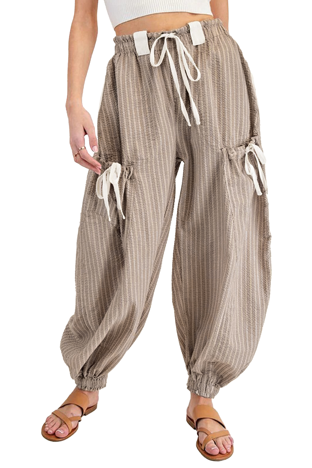Brown Stripe Drawstring Cargo Jogger Pants with Pockets