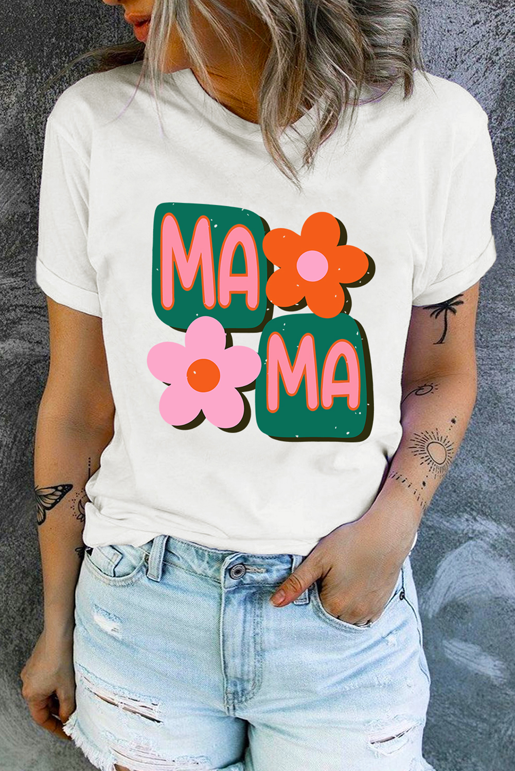 White MAMA Flower Graphic Crewneck Tee