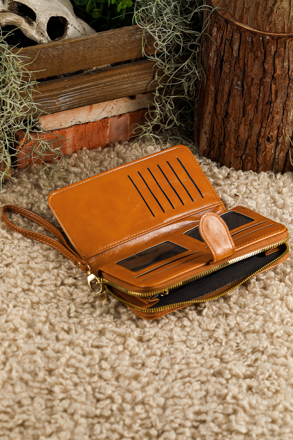 Cinnamon Faux Leather Zip Around Wrist Strap Long Wallet
