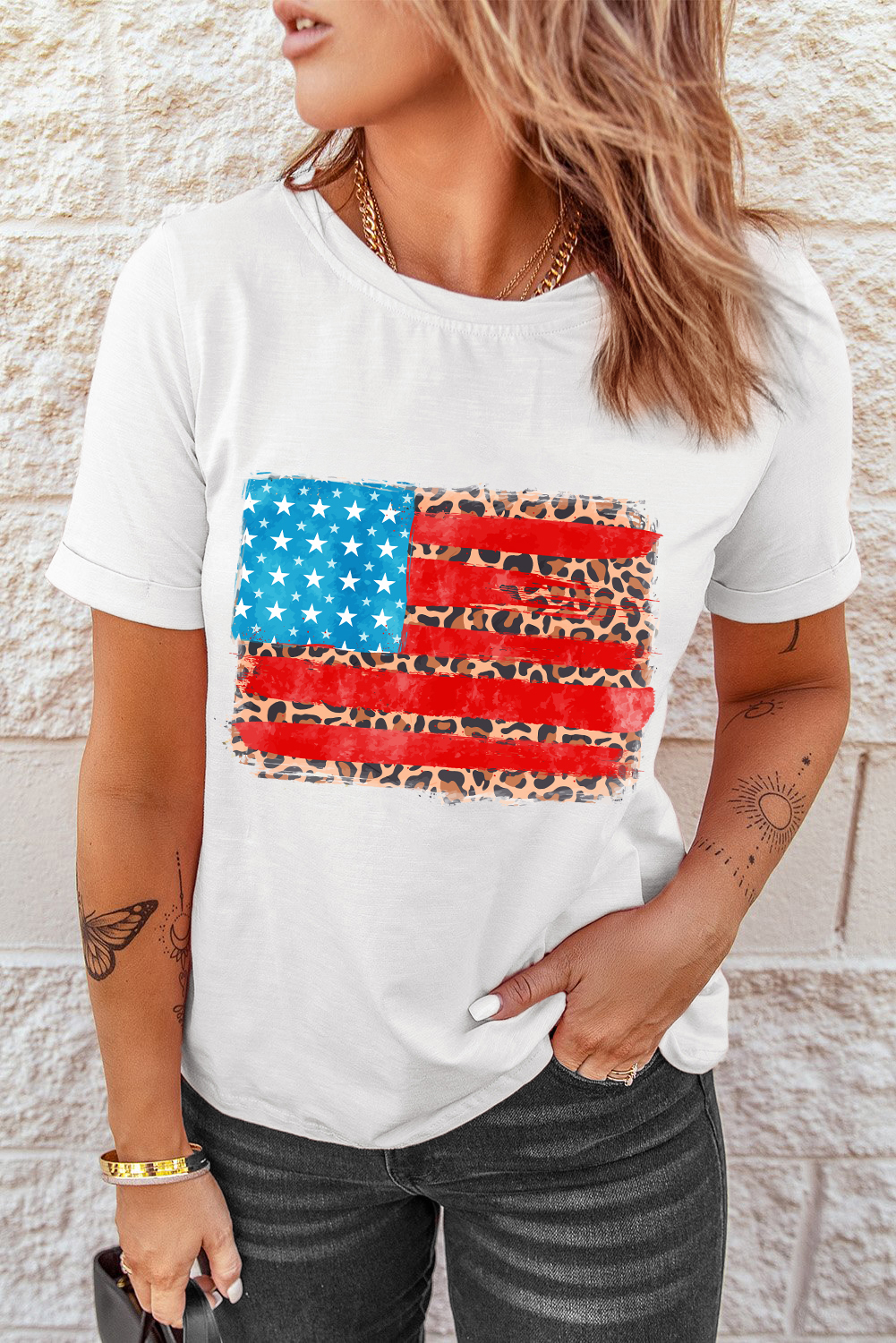 White Leopard Insert American Flag Pattern Cotton Blend T Shirt