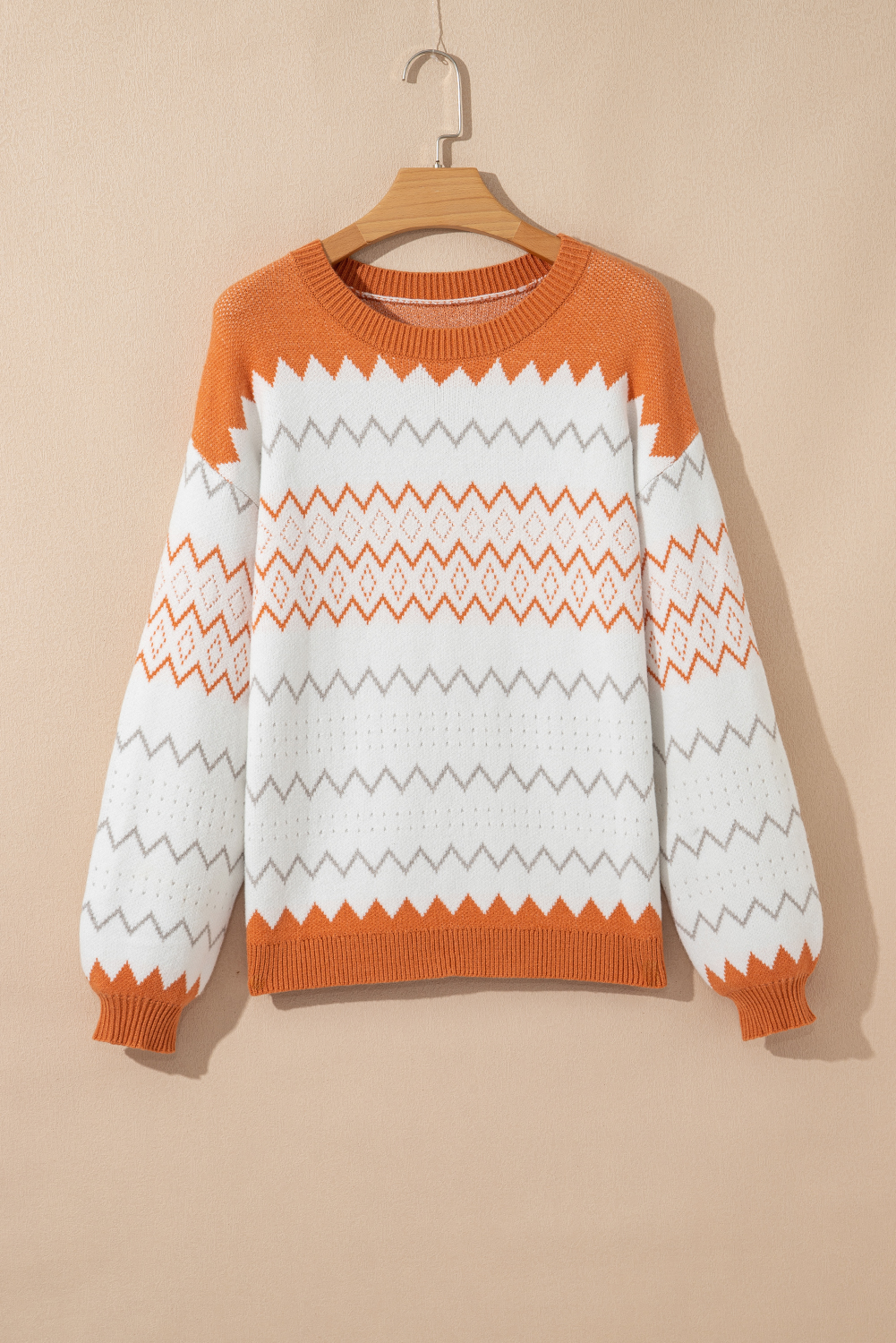Khaki Zigzag Geometric Pattern Knitted Pullover Sweater