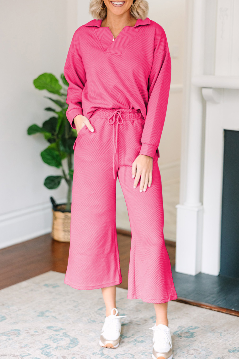 Sail Blue Solid Textured Collared V Neck Top and Wide Leg Pants Set