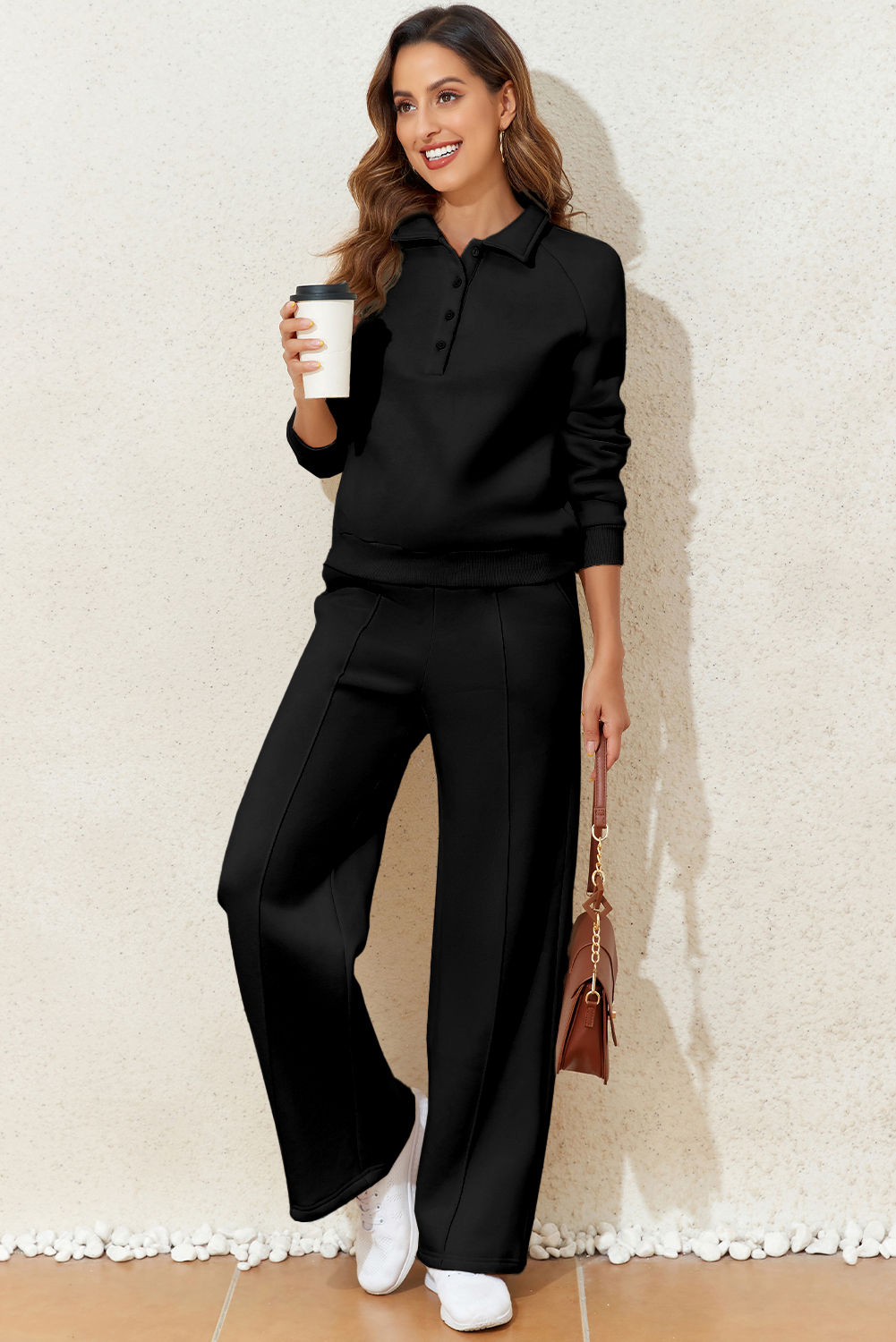 Dark Brown Solid Collared Sweatshirt and High Waist Pants Active Set