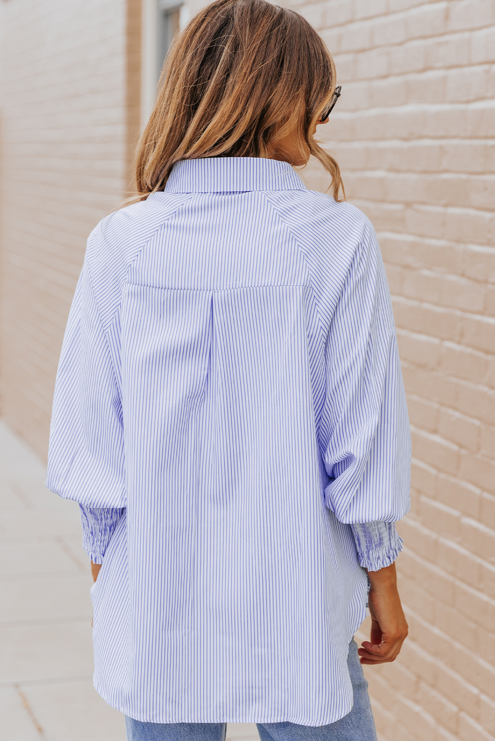 Red Stripe Smocked Cuffed Striped Boyfriend Shirt with Pocket