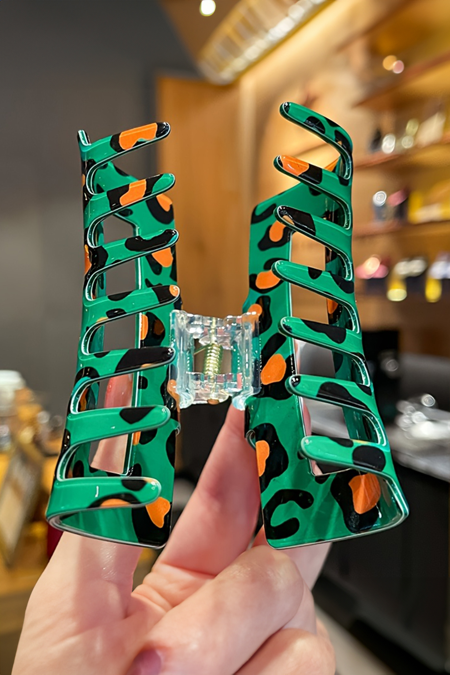Dark Green Leopard Print Square Hollowed Plastic Hair Claw Clip