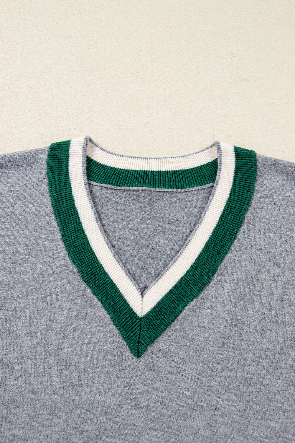 Black Contrast Striped Trim V Neck Varsity Sweater