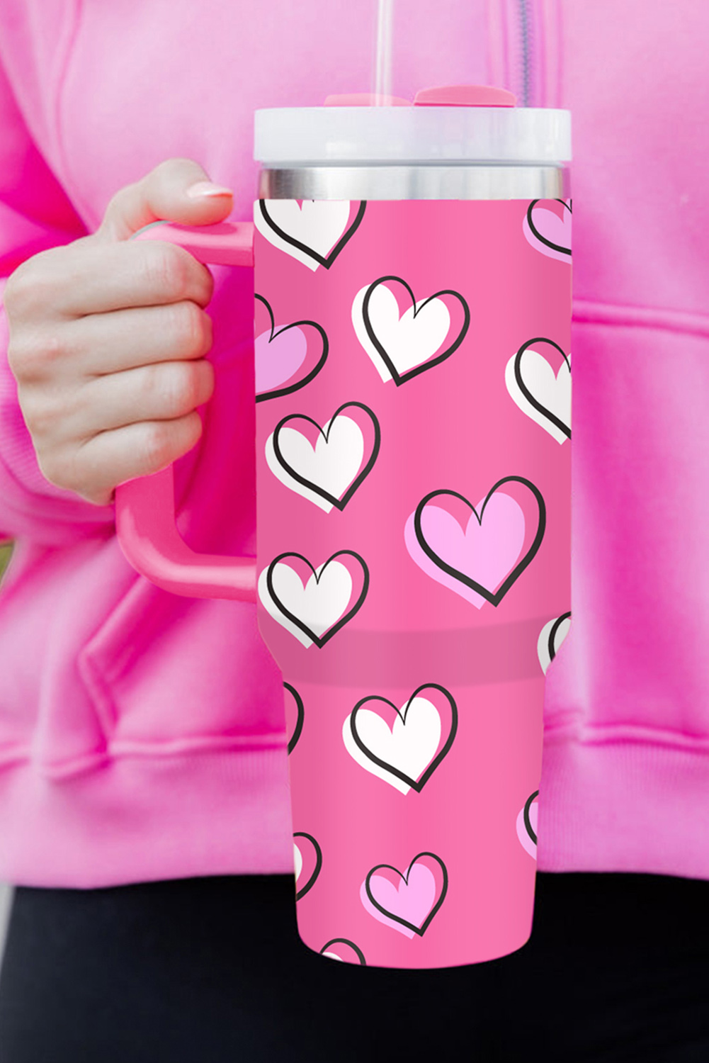 Black Valentines Heart Printed Thermos Cup with Handle 40oz