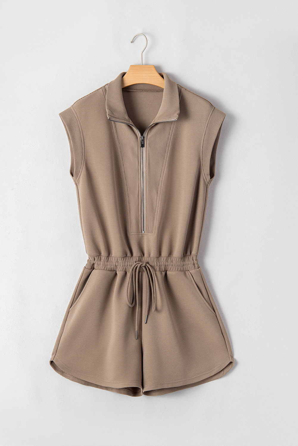 Black French Terry Zipped Collar Sleeveless Drawstring Waist Mini Dress