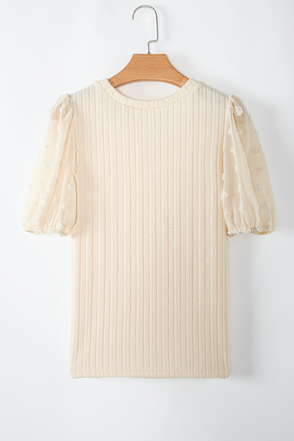 Apricot Polka Dot Mesh Puff Sleeve Textured Blouse