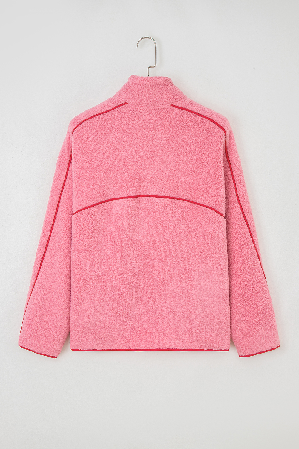Strawberry Pink Sherpa Contrast Faux Leather Trim Half Zip Pocketed Pullover Sweatshirt
