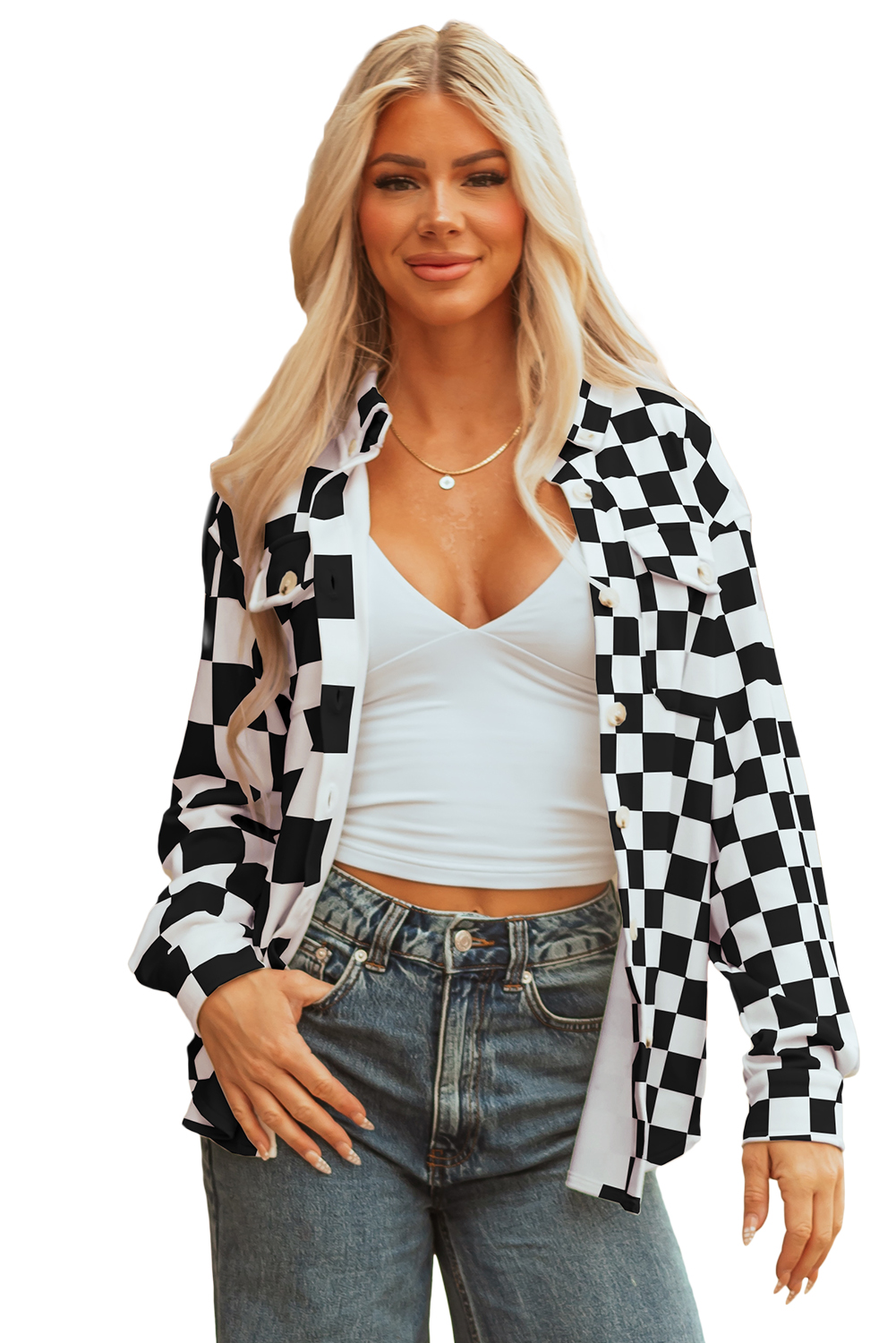 Khaki Checkerboard Flap Pocket Button Front Shacket