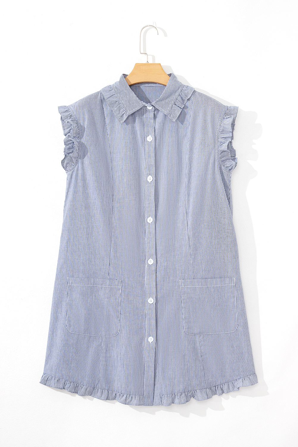 Green Stripe Frilled Sleeveless Collar Front Pocket Button Up Mini Dress