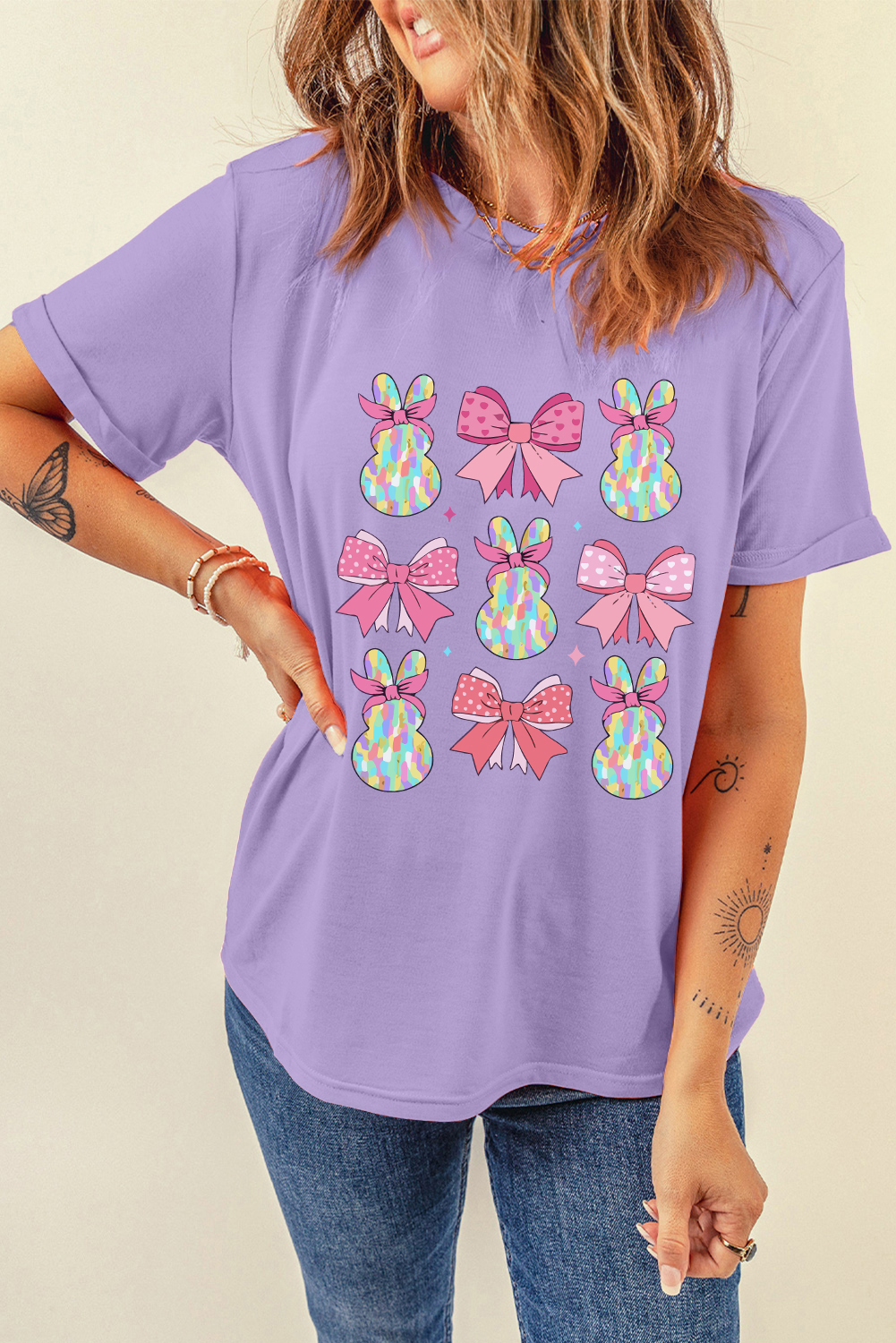 Wisteria Dotty Bowknot Bunny Graphic Crewneck Easter Fashion T Shirt