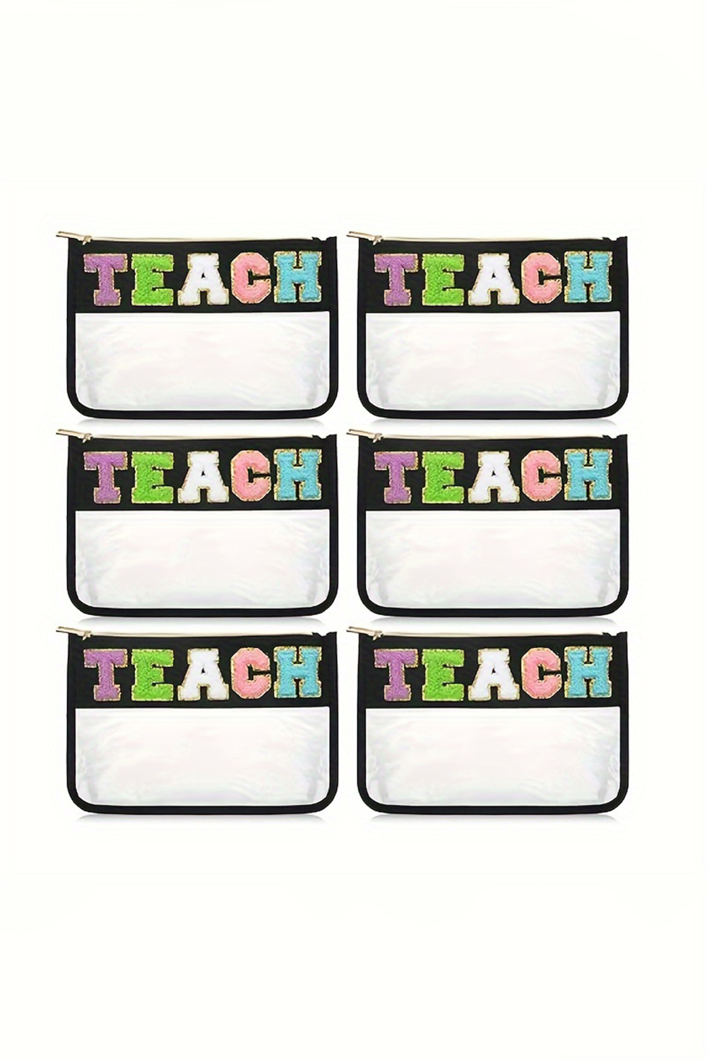 Black TEACH Glitter Chenille Clear PVC Makeup Bag