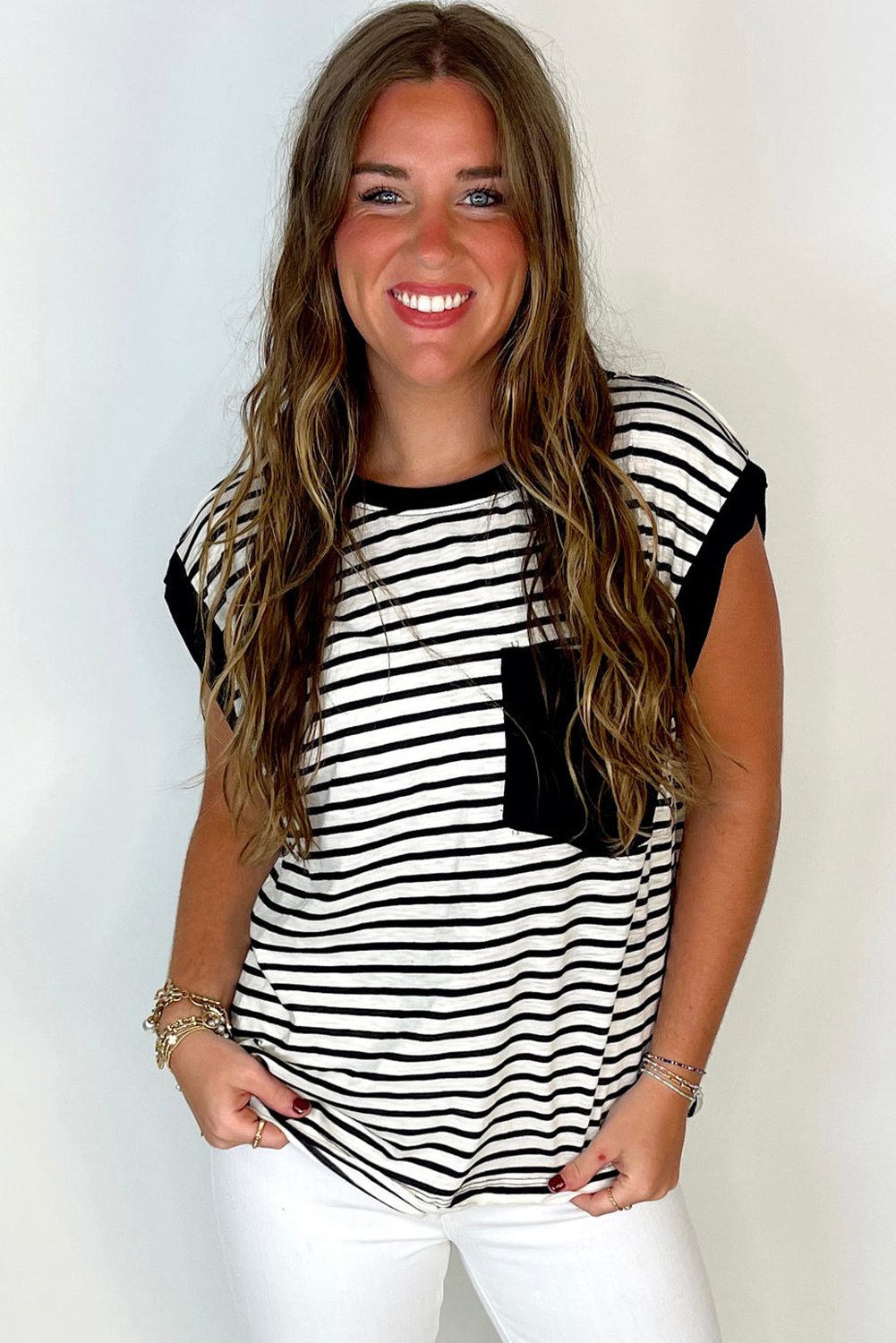 Red Stripe Chest Pocket Patch Round Neck Tank Top