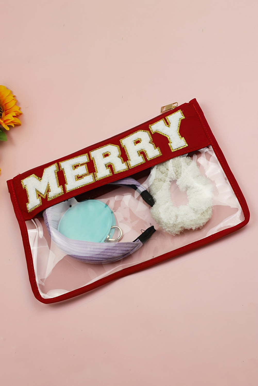 Red SANTA Contrast Trim Clear Makeup Bag