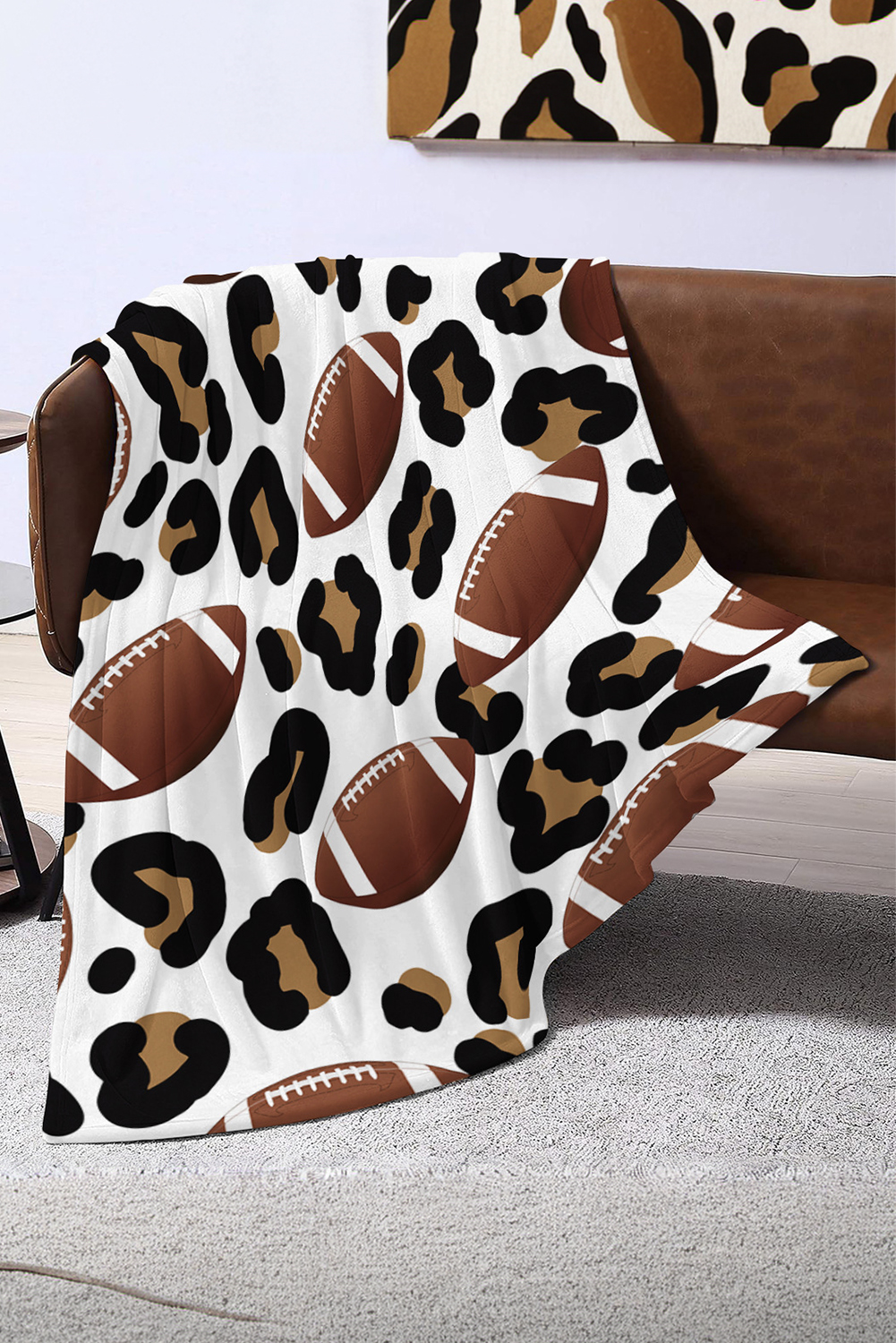 White Leopard & Rugby Football Print Flannel Blanket