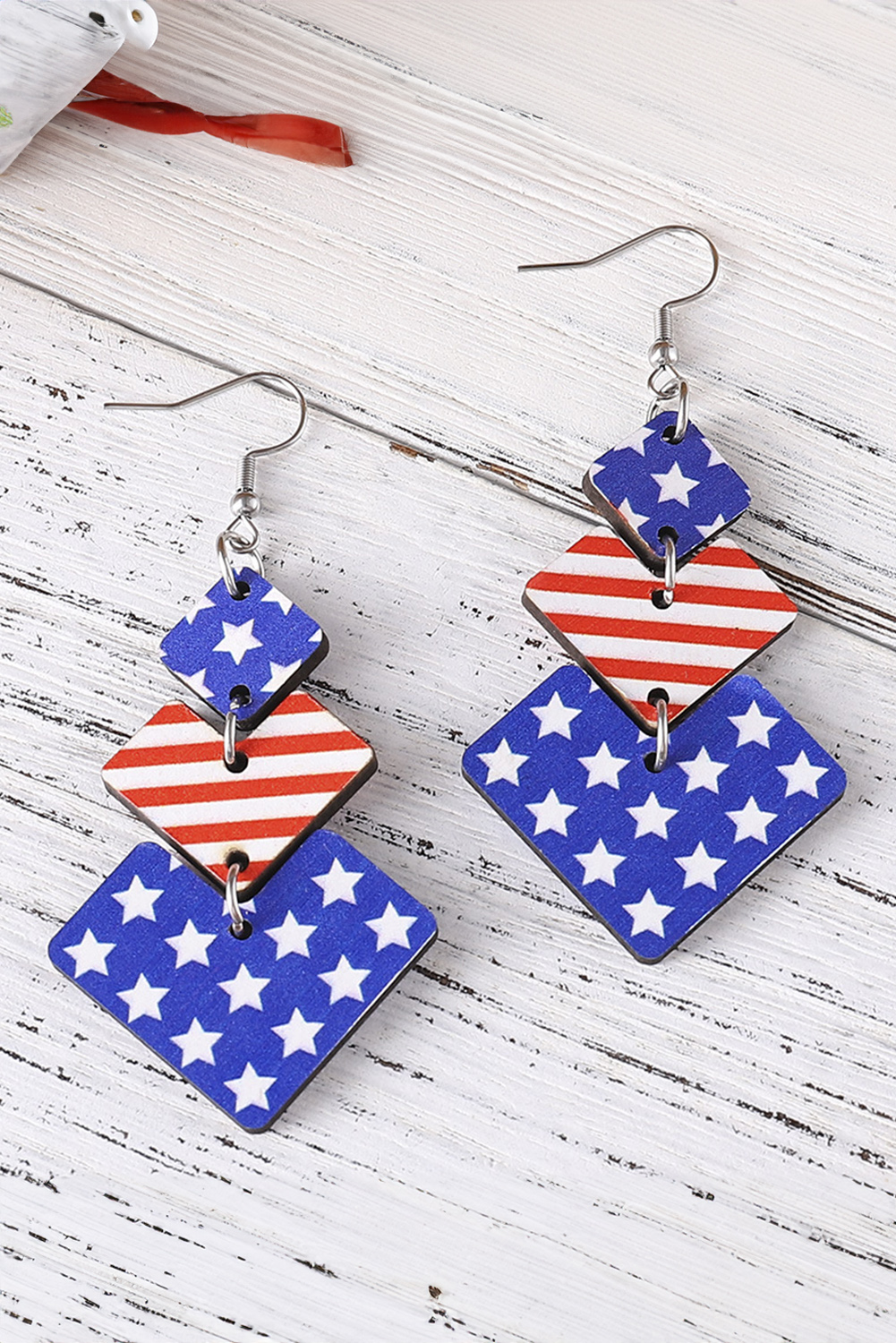 Fiery Red American Flag Rhinestone Star Dangle Earrings