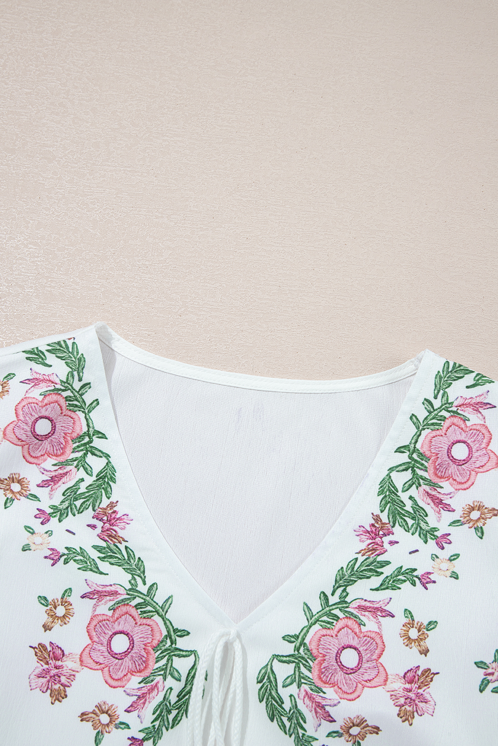 White Flower Print Lace-up V Neck Babydoll Blouse
