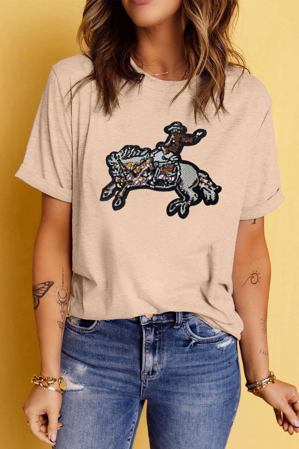 Khaki Sequin Rodeo Graphic Crewneck Tee