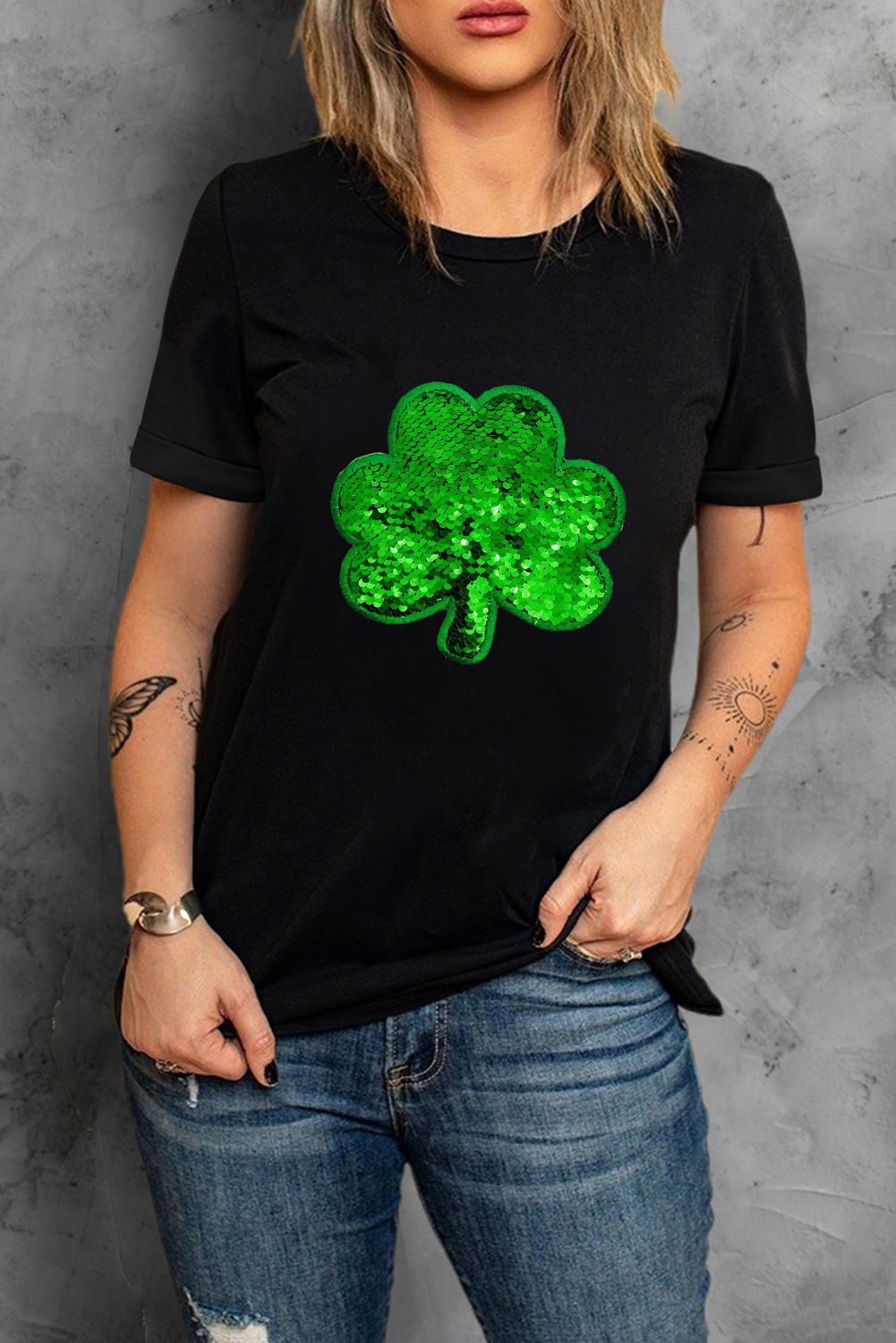 Black St. Patricks Lucky Clover Print O Neck T Shirt