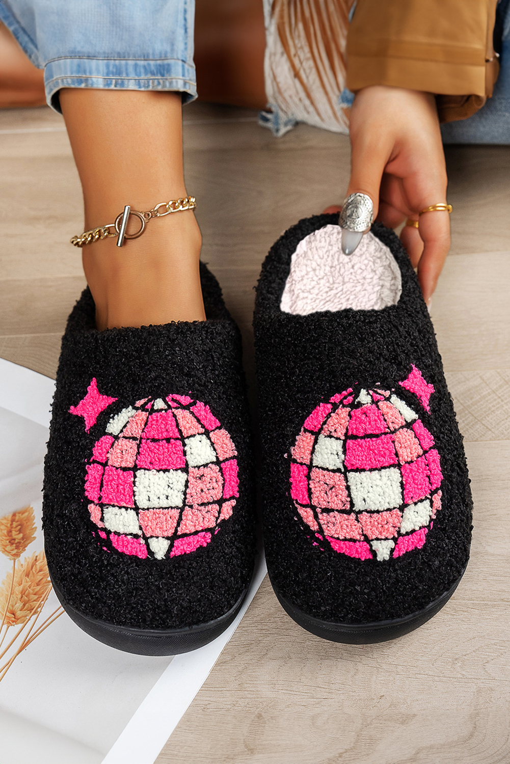 Black Disco Ball Print Fuzzy Winter House Slippers