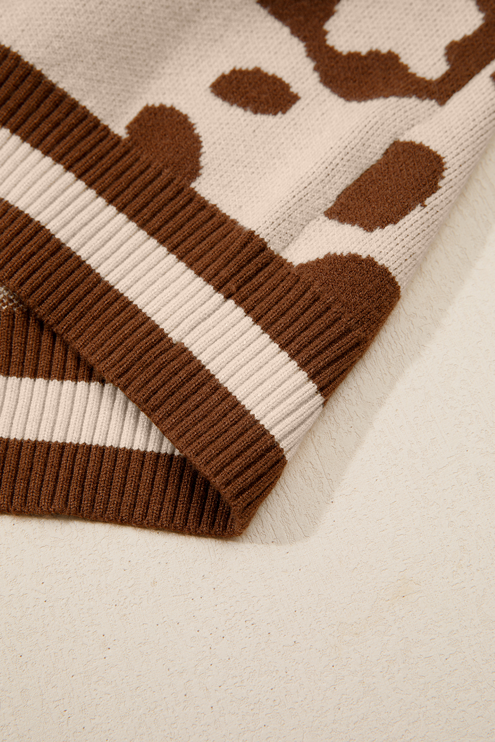 Light French Beige Leopard Printed Knit V Neck Casual Sweater