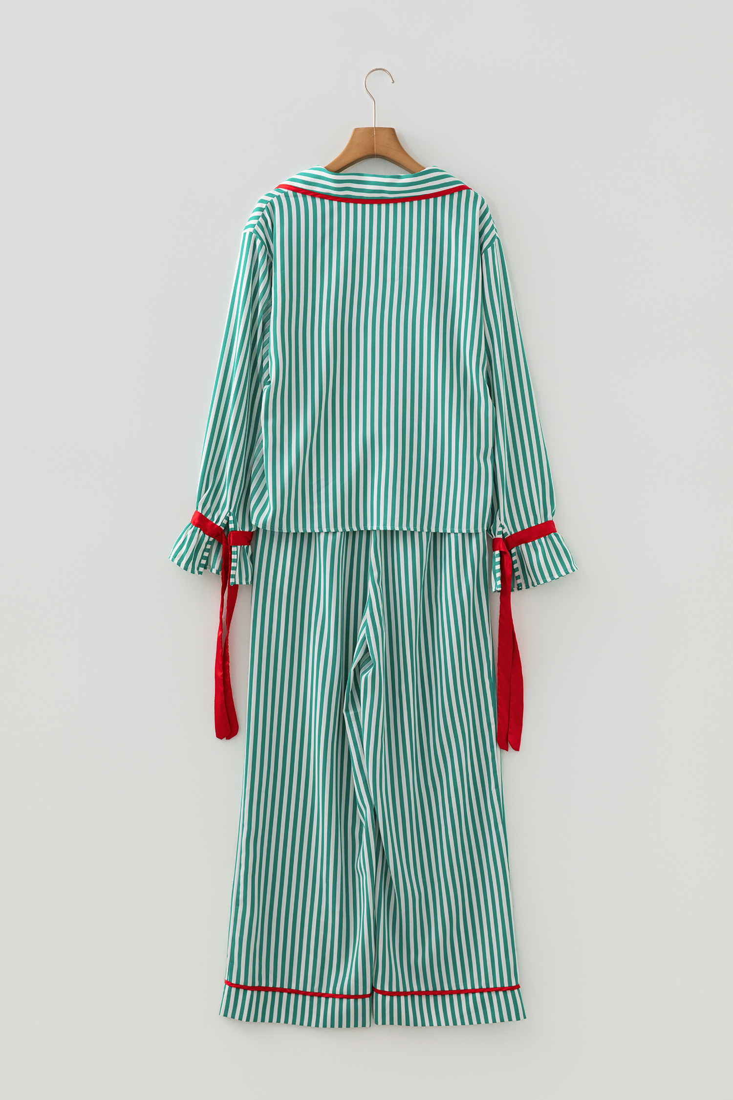 Red Stripe Contrast Velvet Trim Bow Knot Waist 2pcs Pajama Set
