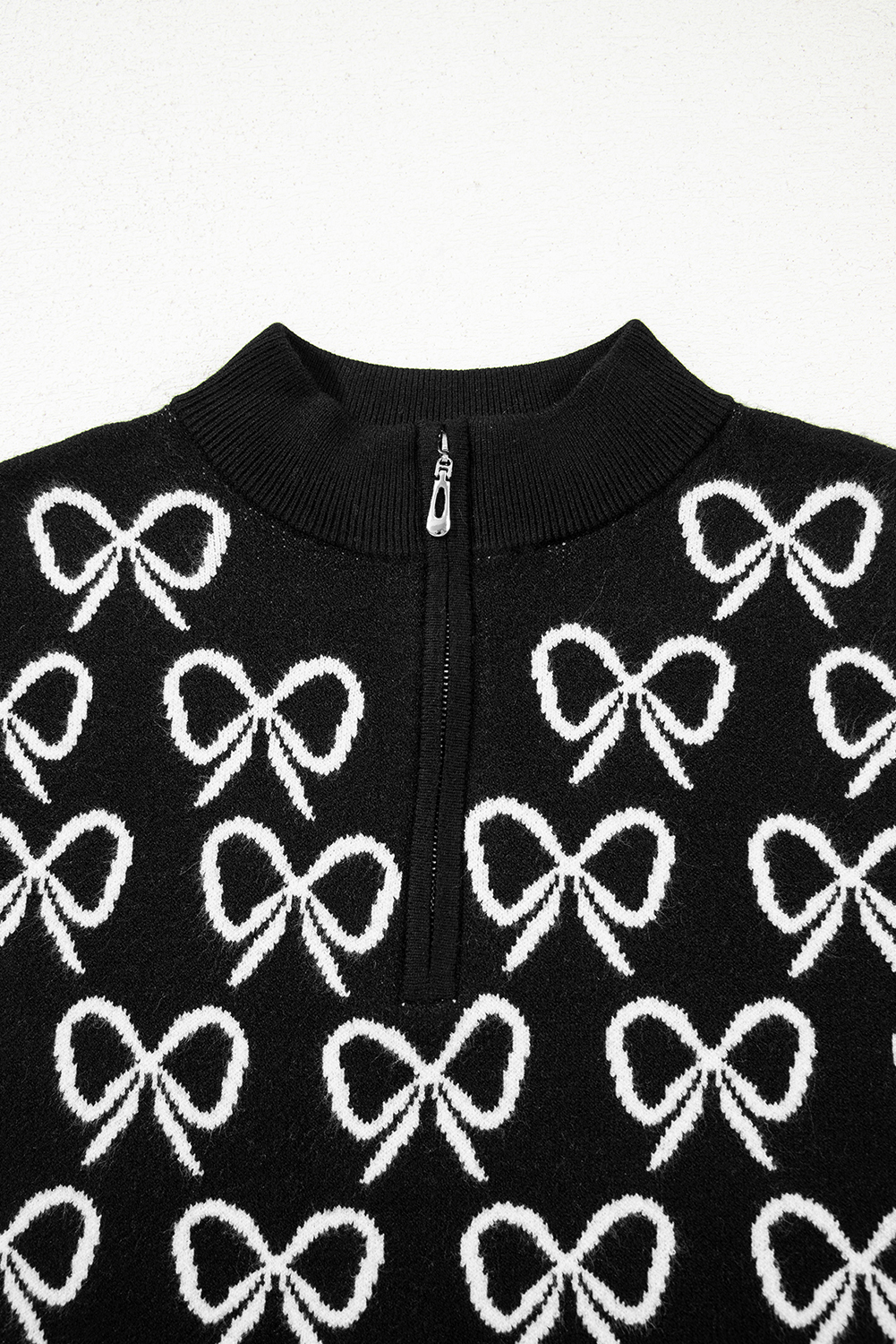 Black Cute Bow Pattern Drop Shoulder Zipped Collar Sweater