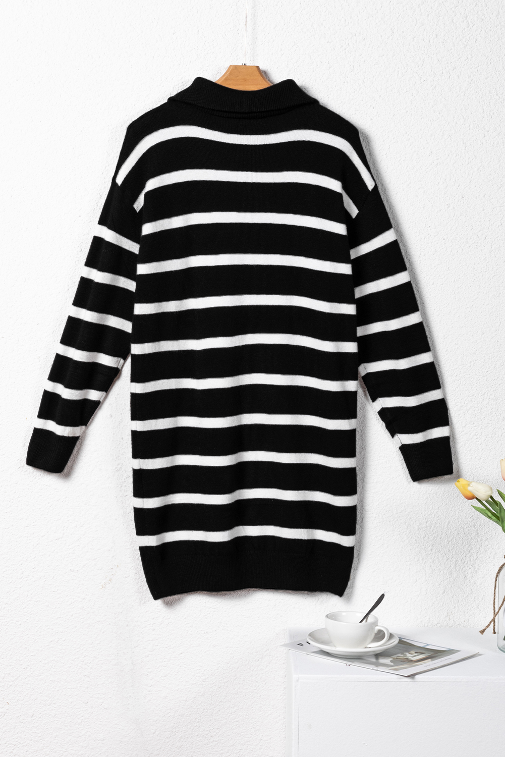Black Striped O-ring Zip Collared Loose Sweater Mini Dress
