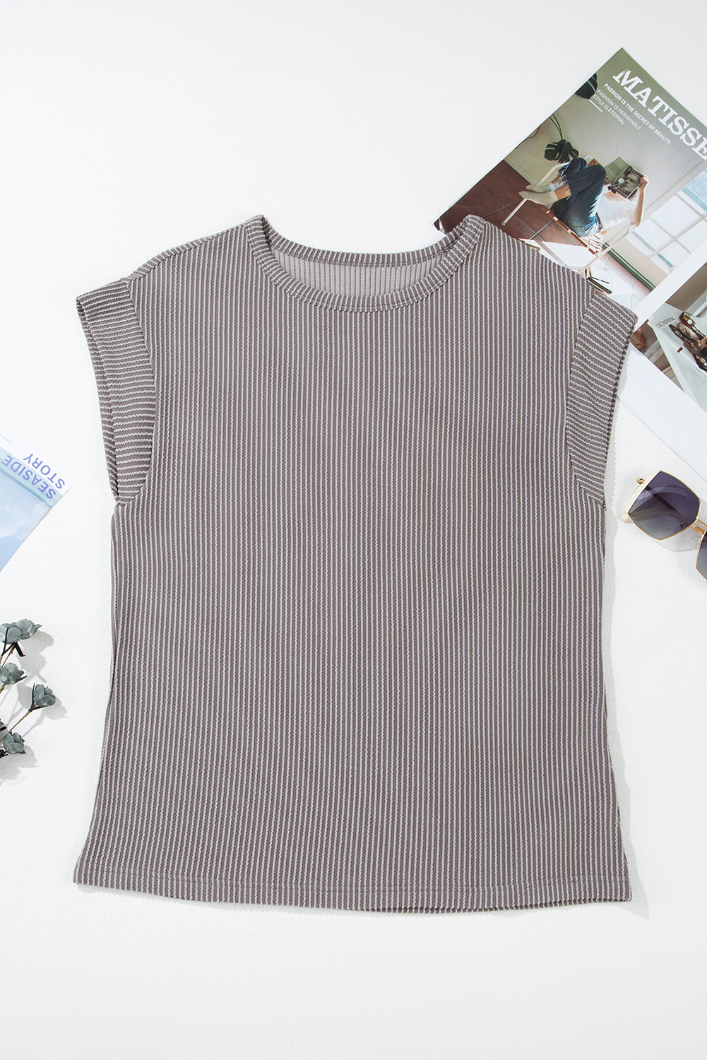 Gray Twisted Rib Wide Sleeve Crew Neck T Shirt